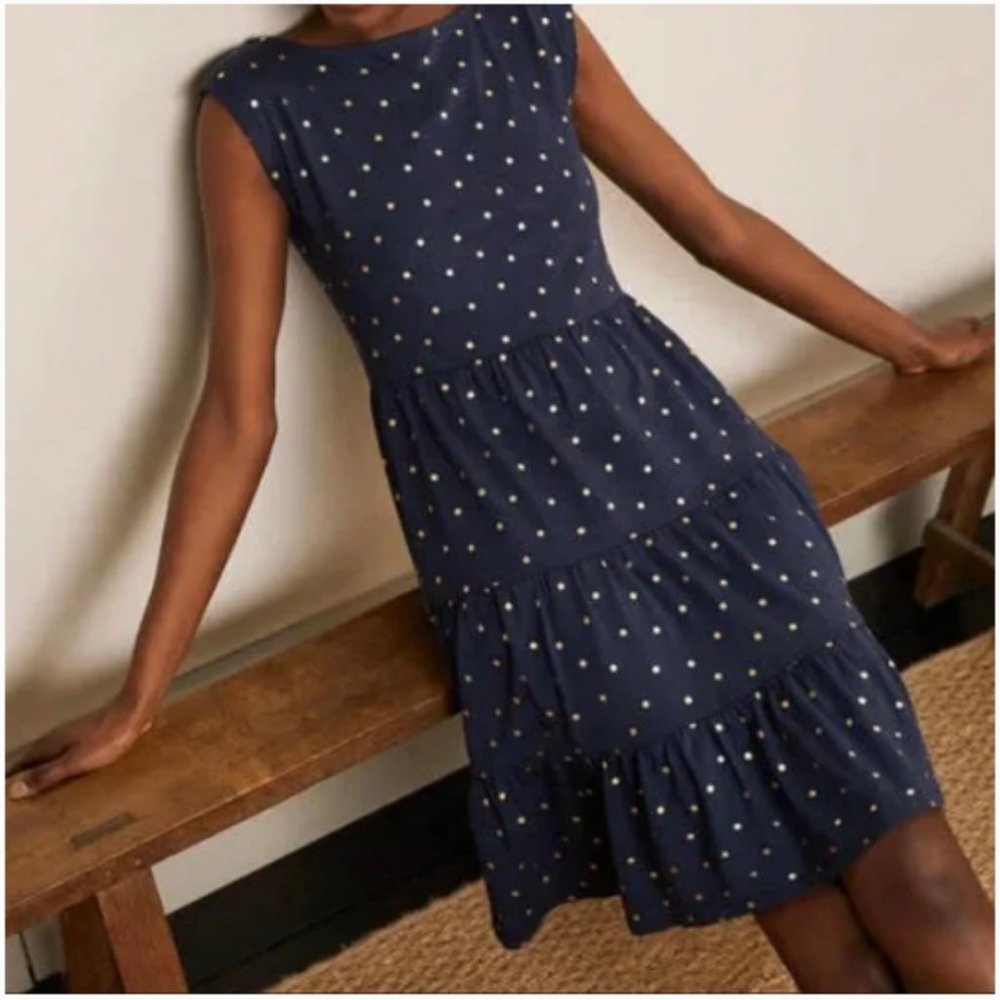 Boden Women Romaine Tiered Jersey Dress 8 Navy Polka Dot Gold Cotton Blend J0898